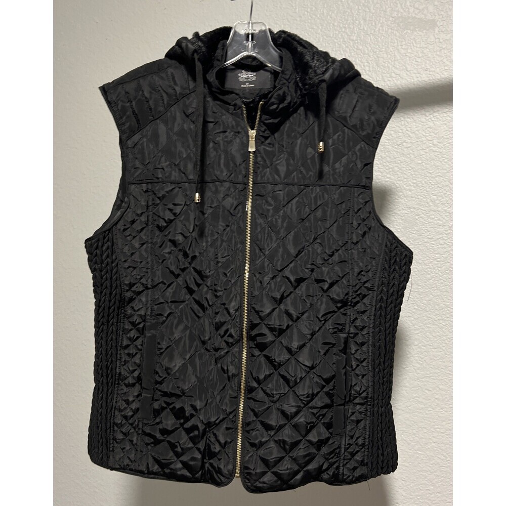 Louise Paris Womens Vest 2X Quilted Hooded Zip Pockets Faux Fur Lined